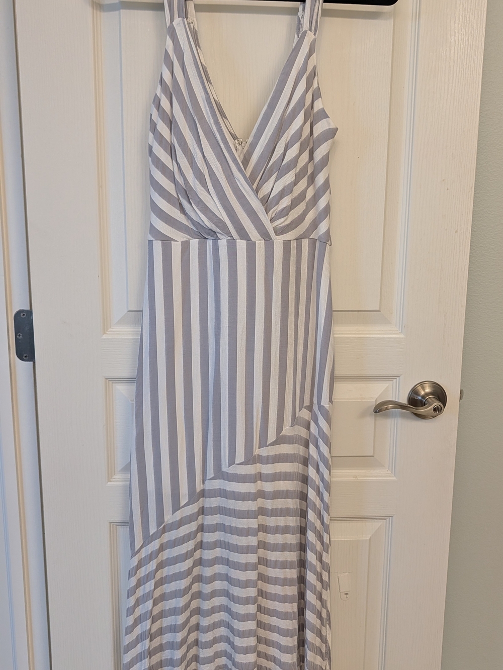 Sleeveless Gray and White Striped Maxi Dress
